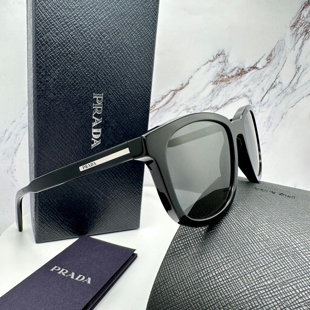 New PRADA Sunglasses Black Acetate Square Silver Metal Logo 53mm Gray Lens - Picture 2 of 16